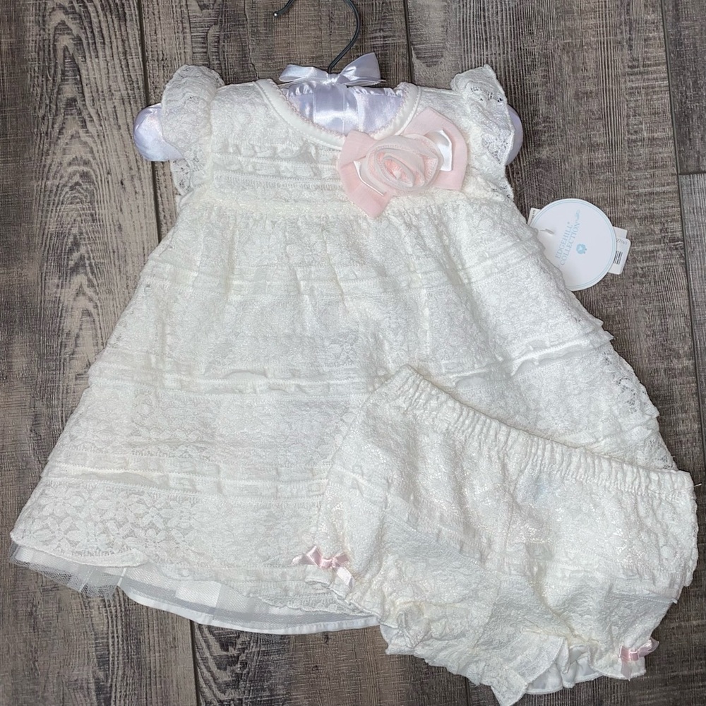 NWT Edgehill Collection White Lace Pink Rose Christening Baptism Wedding Dress